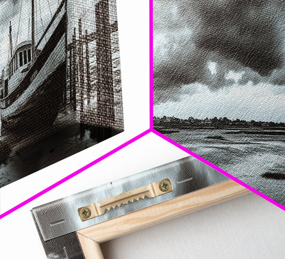 Abandoned Fishing Boat, Coastal Storm Scene, Rustic Nautical Decor, Framed Canvas Print, Beach House Art, Autumn Decor, Moody Wall Print