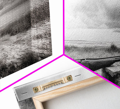 Coastal Rifle Scene, Outdoorsman Decor, Field and Sky Black and White Framed Canvas Print, Autumn Cabin or Lodge Wall Art