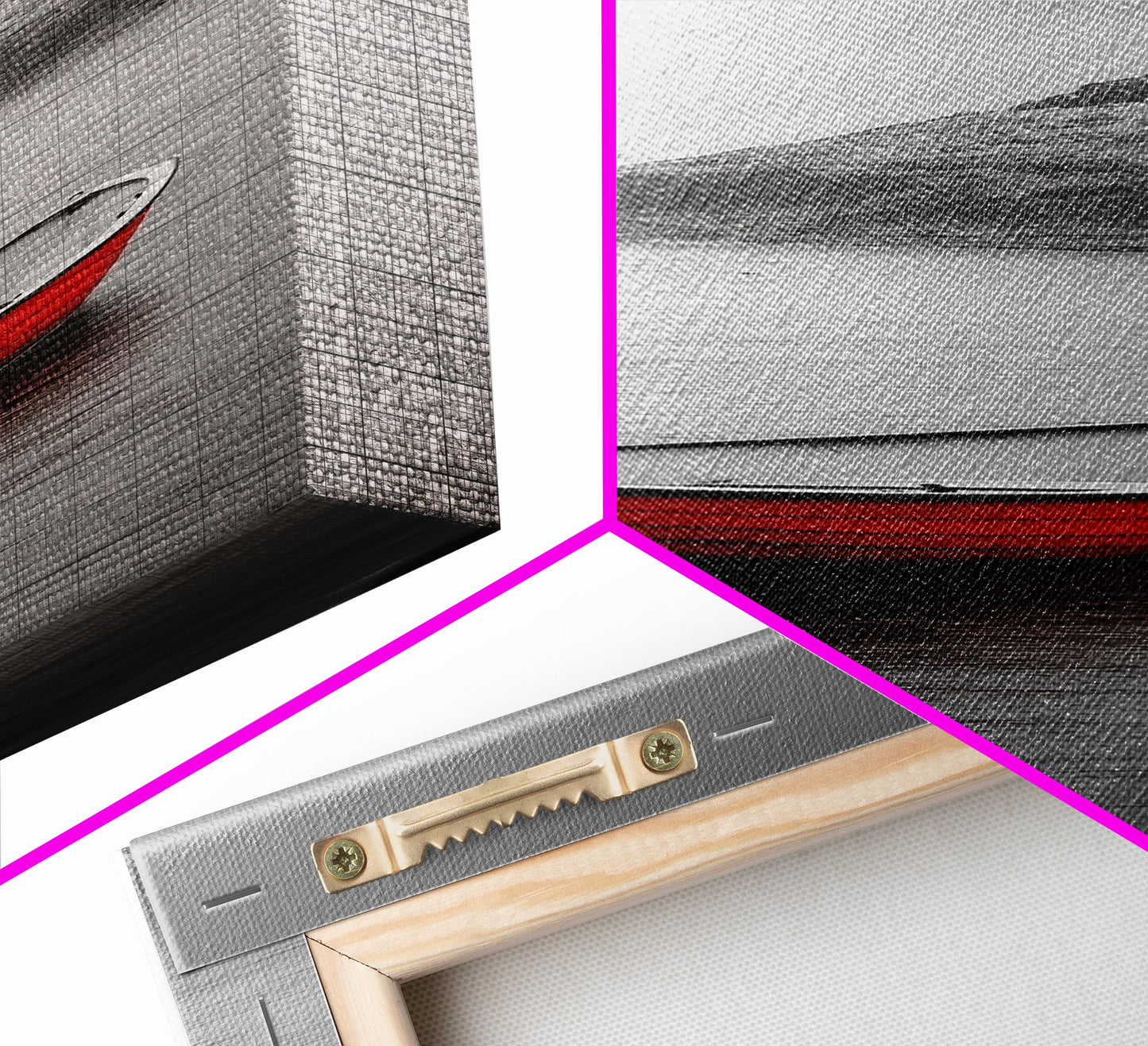 Red Boat, Serene Waters, Mountain Reflection, Winter Landscape – Framed Canvas Print, Minimalist Wall Art, Bedroom Decor, Nature Tranquility