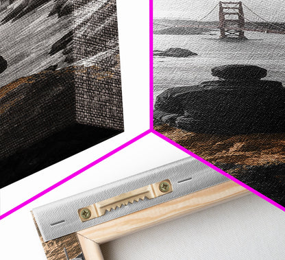 Golden Gate, Solitude View, Man on Cliff, Iconic Bridge, Framed Canvas Print, Travel Wall Art, Office Inspiration, Moody Coastal Decor