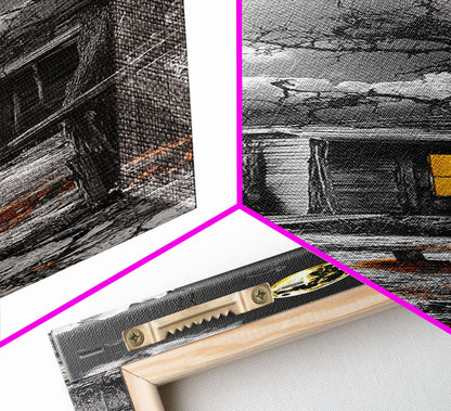 Haunted Cabin, Yellow Light, Full Moon, Framed Canvas Print, Halloween Wall Art, Gothic Decor, Spooky Home Accent, Fall Vibes