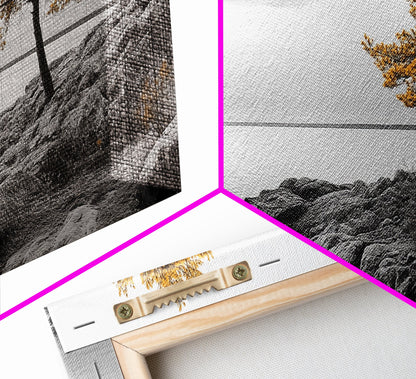 Yellow Tree, Rocky Coast, Minimal Landscape, Ocean Breeze – Canvas Print, Zen Wall Art, Nature Minimalist Decor, Scandinavian Interior