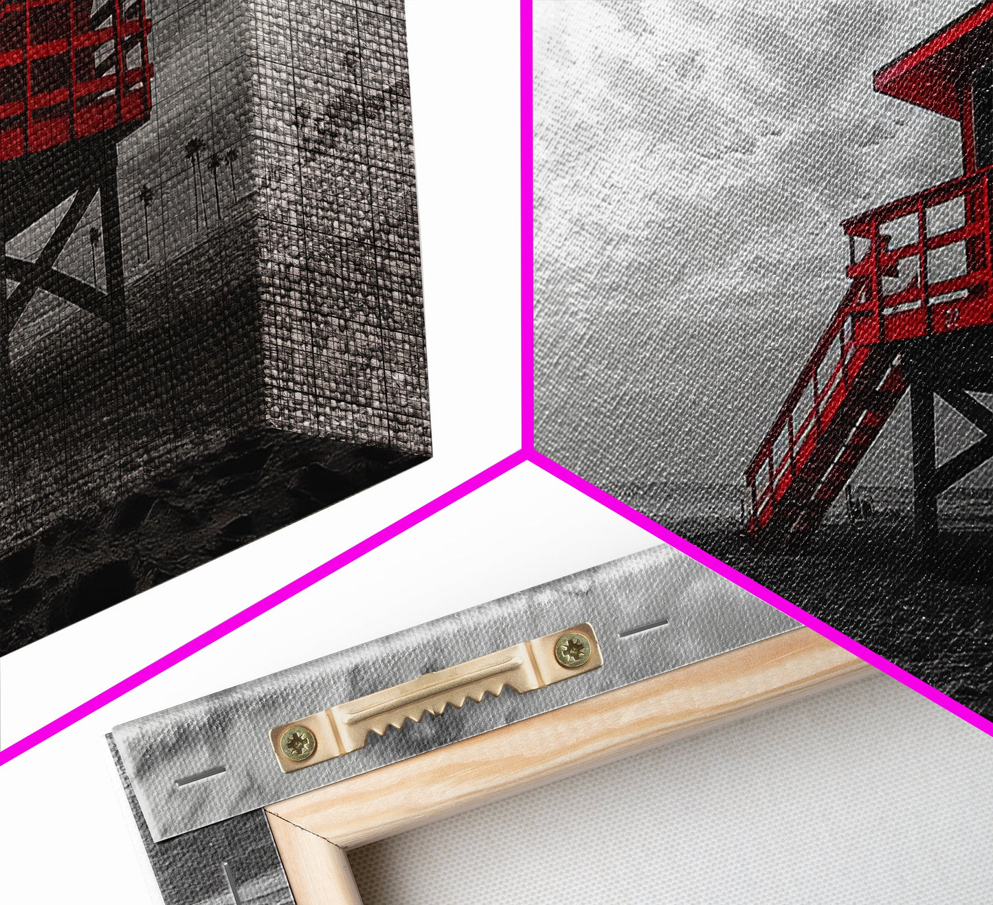 Red Lifeguard Tower, Beachscape, Dramatic Sky, Coastal Life, Framed Canvas Print, Modern Beach Wall Art, Bold Bathroom Decor