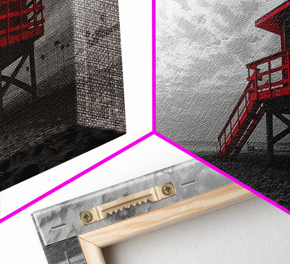 Red Lifeguard Tower, Beachscape, Dramatic Sky, Coastal Life, Framed Canvas Print, Modern Beach Wall Art, Bold Bathroom Decor