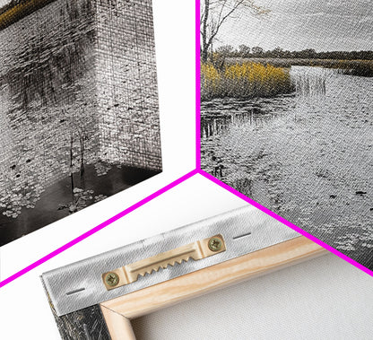 Lily Pond Trees, Serene Reflection, Autumn Landscape, Calm Water Scene, Framed Canvas Print, Nature Wall Art, Fall Living Room Decor