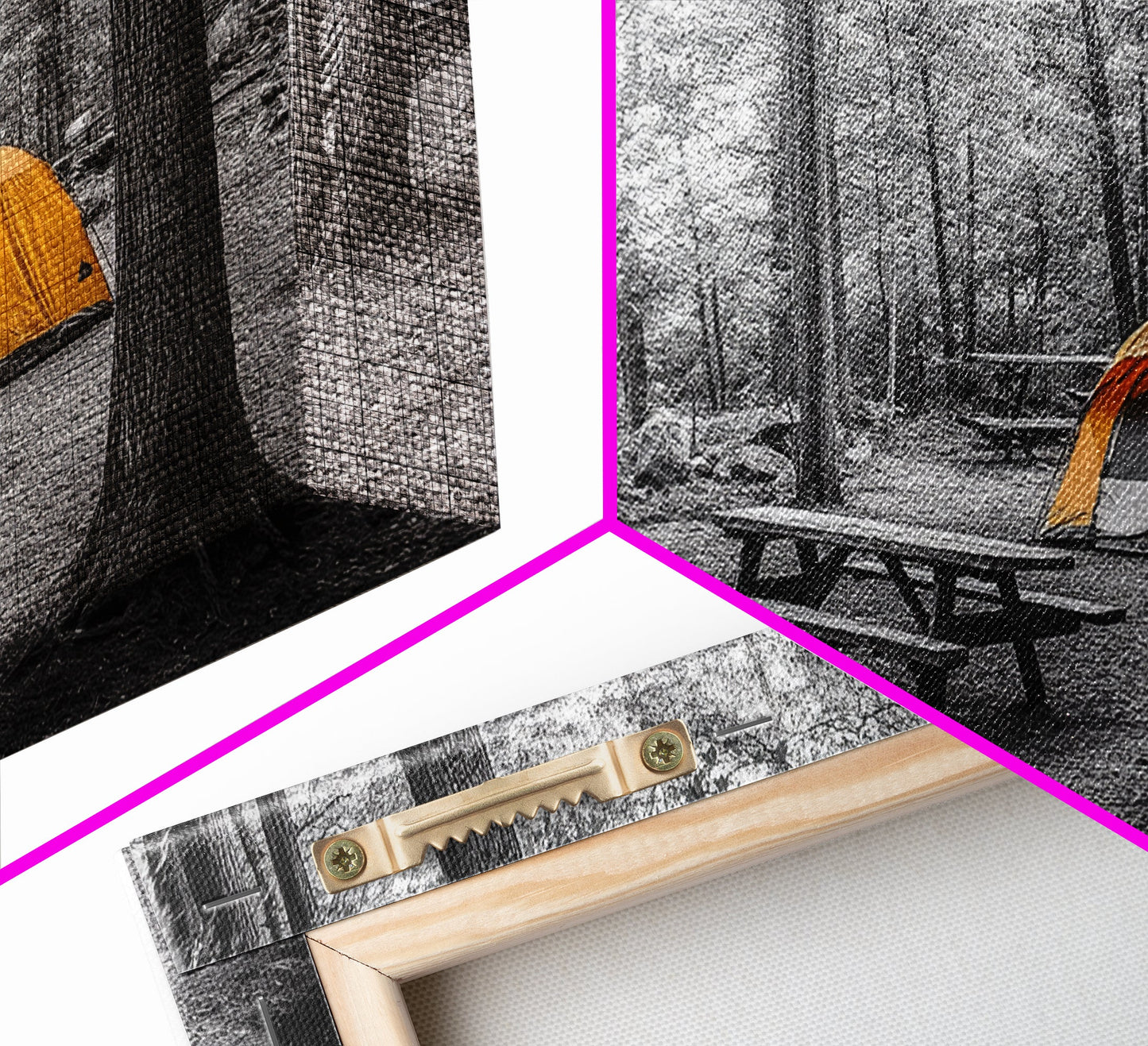 Yellow Tent, Forest Camping, Wilderness Escape, Outdoor Living, Framed Canvas Print, Fall Bedroom Art, Minimalist Nature, Hiking Vibes