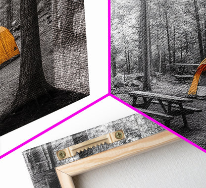 Yellow Tent, Forest Camping, Wilderness Escape, Outdoor Living, Framed Canvas Print, Fall Bedroom Art, Minimalist Nature, Hiking Vibes