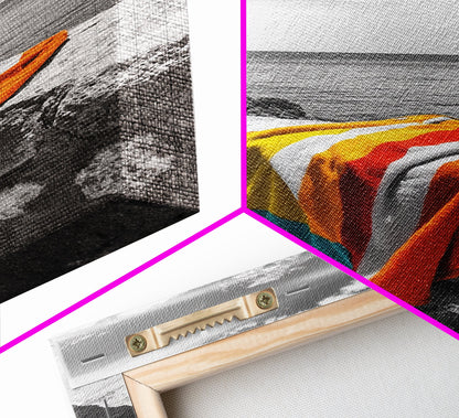 Colorful Towel, Coastal Vibes, Seaside Style, Bold Decor, Framed Canvas Print vibrant beach towel photo, bathroom wall art, summer art