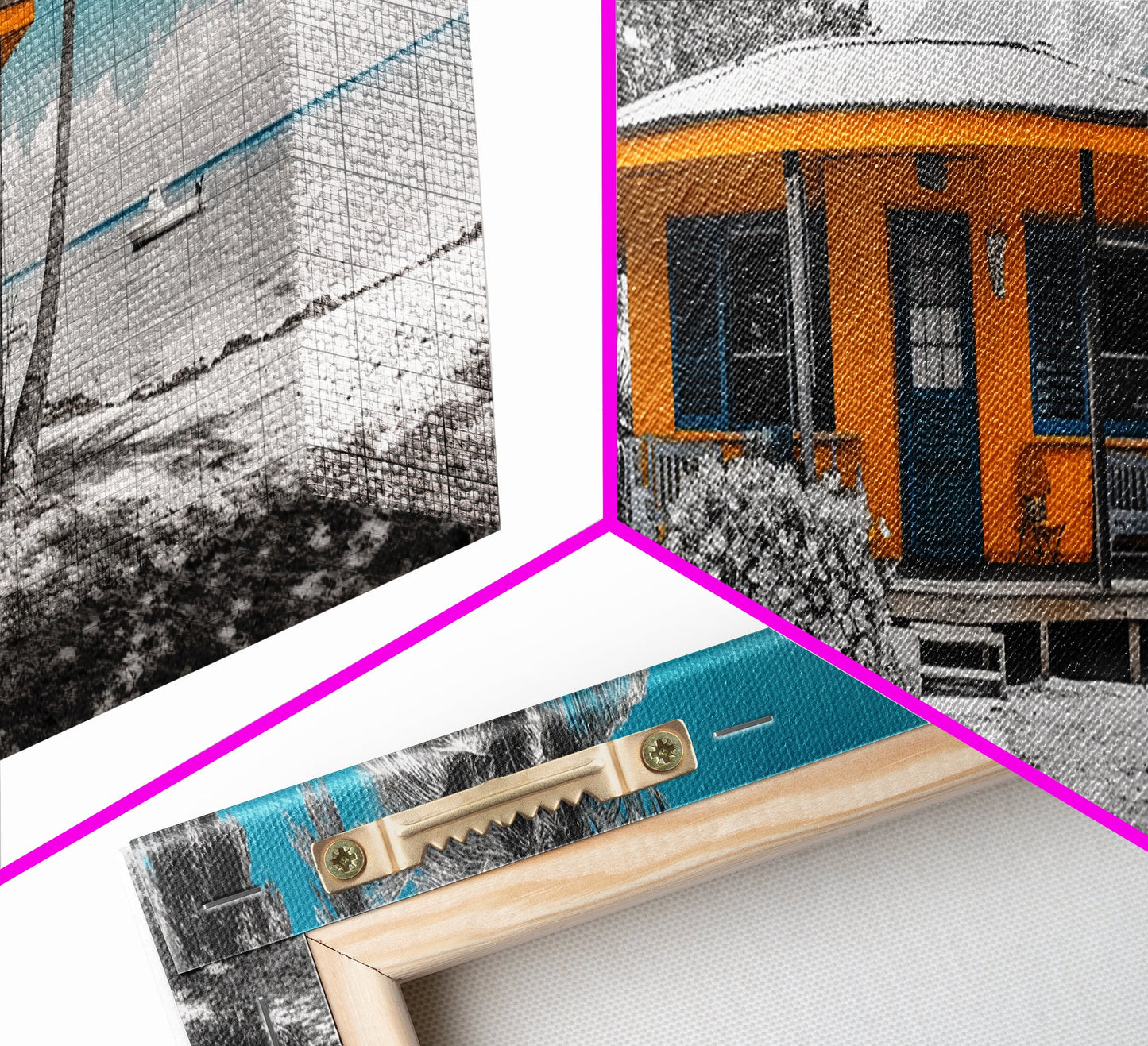 Beach House, Tropical Paradise, Yellow Cabin, Oceanfront View, Framed Canvas Print, Living Room Wall Art, Coastal Home Aesthetic