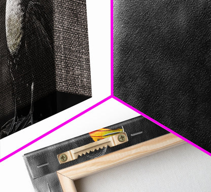 Black White Bird, Orange Beak Detail, Minimal Nature Portrait, Framed Canvas Print, Rustic Wall Art, Study or Cabin Decor