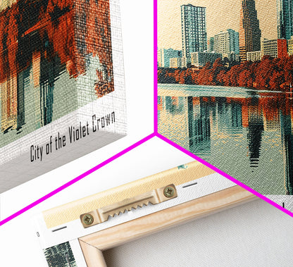 Austin Texas Panoramic Painting, Mid Century Modern Framed Canvas Print, Retro Pop Art Travel Poster, Home Decor, City Art