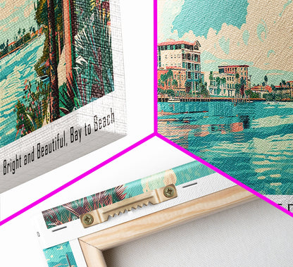 Clearwater Florida Panoramic Painting, Mid Century Modern Framed Canvas Print, Retro Pop Art Travel Poster, Home Decor, City Art