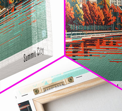 Akron Ohio Panoramic Painting, Framed Canvas Print, Mid Century Modern Wall Art, Retro Pop Art Travel Poster, Living Room Decor, City Art