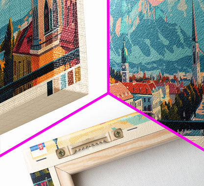 Celje Slovenia Panoramic Travel Poster, Framed Canvas Print or Metal Wall Art, Travel Art, Home Decor, Panoramic Painting, Midcentury Art