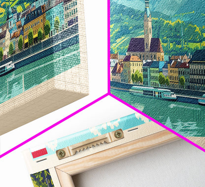 Linz Austria Panoramic Travel Poster, Framed Canvas Print or Metal Wall Art, Travel Art, Home Decor, Panoramic Painting, Midcentury Art