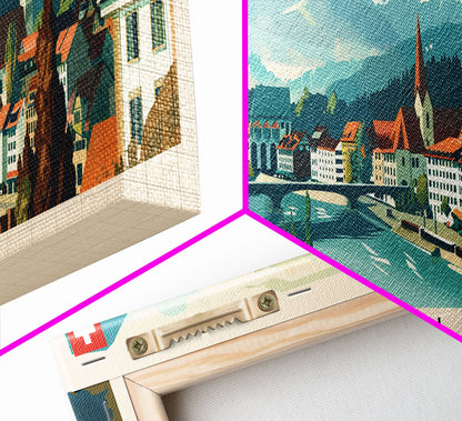 St. Gallen Switzerland Panoramic Travel Poster, Framed Canvas Print or Metal Wall Art, Travel Art, Home Decor, Panoramic Painting, Midcentury Art