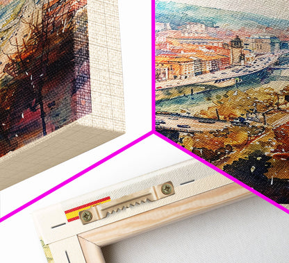 Bilbao Spain Travel Poster Framed Canvas Print, Watercolor Painting, Wall Art, Home Decor, Scenic Travel Print, Cityscape Art