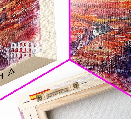 Pamplona Spain Travel Poster Framed Canvas Print, Watercolor Painting, Urban Wall Art, Home Decor, Spanish Architecture, Classic Art