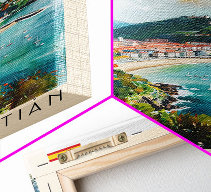 San Sebastian Spain Travel Poster Framed Canvas Print, Watercolor Painting, Coastal Wall Art, Home Decor, Spanish Seaside, Vibrant Art