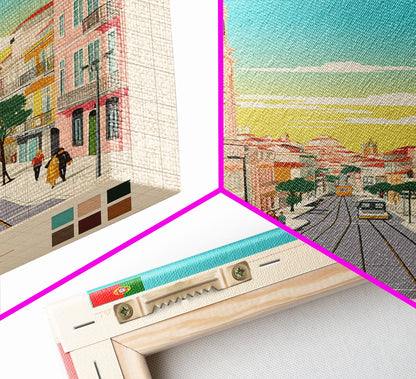 Almada Portugal Travel Poster Framed Canvas Print, Midcentury Modern Art, Pop Art Decor, Wall Art, Vacation Gift, Living Room Decoration, Scenic Print