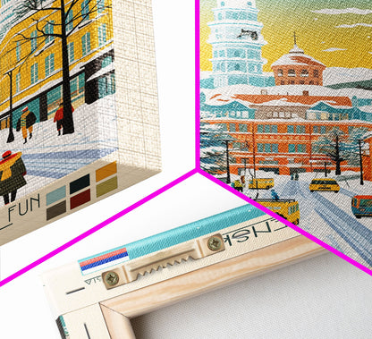 Blagoveshchensk Russia Travel Poster Framed Canvas Print, Midcentury Modern Art, Pop Art Home Decor, Scenic Wall Art, Unique Gift