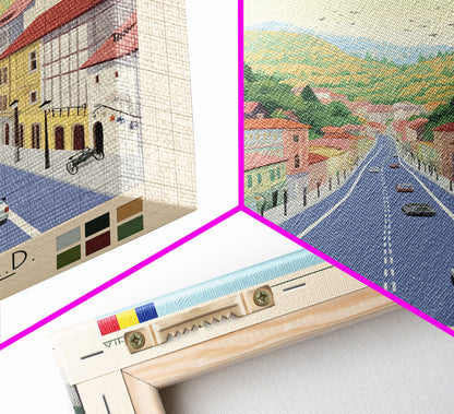 Brașov Romania Travel Poster Framed Canvas Print, Midcentury Modern Art, Pop Art Wall Decor, Home Decor, Vacation Gift, Living Room Art