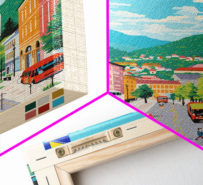 Cazin Bosnia and Herzegovina Travel Poster Framed Canvas Print, Midcentury Modern Art, Pop Art Wall Decor, Home Decor, Living Room Art