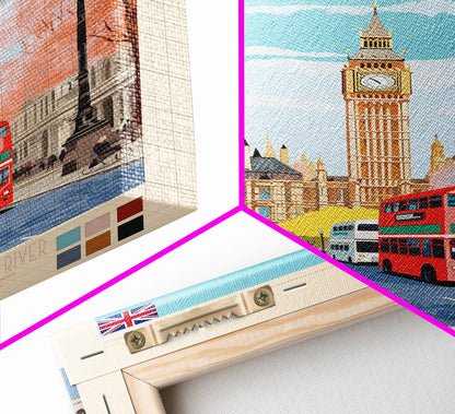 London United Kingdom Travel Poster Framed Canvas Print, Wall Decor, Midcentury Modern Art, Pop Art, Scenic Art for Office and Home