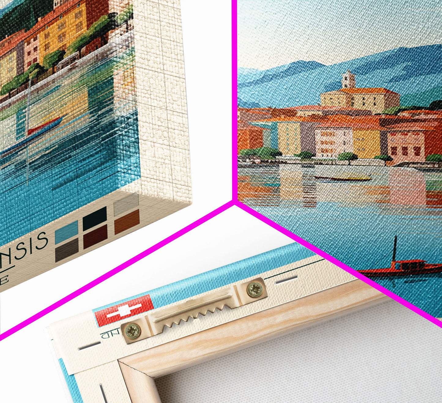 Lugano Switzerland Travel Poster Framed Canvas Print, Midcentury Modern Art, Pop Art Wall Decor, Scenic Art, Bedroom and Living Room Decor