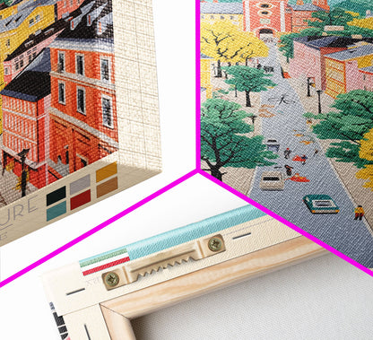 Pécs Hungary Travel Poster Framed Canvas Print, Midcentury Modern Art, Pop Art Wall Decor, Living Room Art, Home Decoration