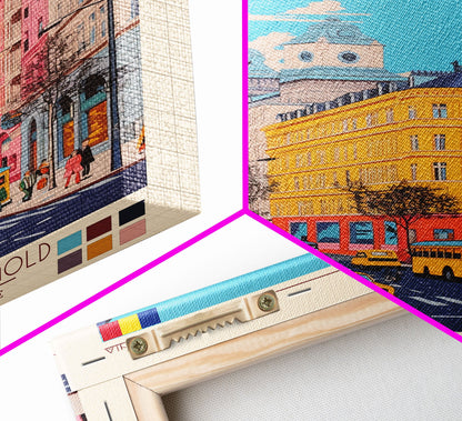 Pitești Romania Travel Poster Framed Canvas Print, Midcentury Modern Art, Pop Art Wall Decor, Home Decor, Vacation Gift, Bedroom Art