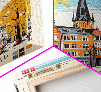 Roskilde Denmark Travel Poster Framed Canvas Print, Midcentury Modern Art, Pop Art Wall Decor, Scenic Living Room Art, Bedroom Gift