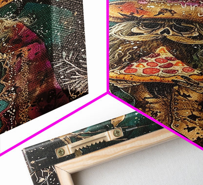 Ghostly Wizard Having A  Slice of Pizza, Funny Halloween Decor, Framed Canvas Print