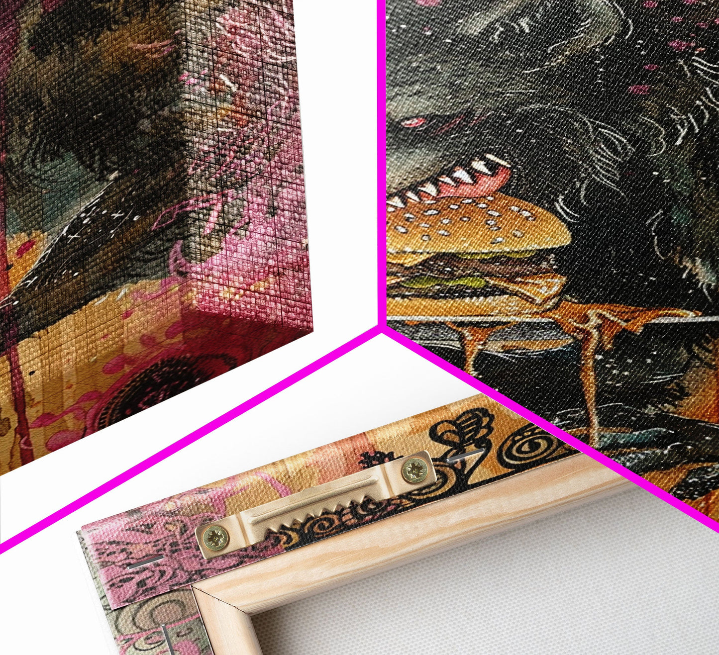 Halloween Creepy Werewolf with Burger Framed Canvas Print, Wall Art, Living Room Decor, Kitchen Art, Unique Halloween Gift, Spooky Decor