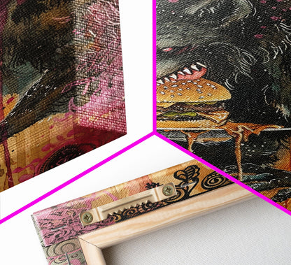 Halloween Creepy Werewolf with Burger Framed Canvas Print, Wall Art, Living Room Decor, Kitchen Art, Unique Halloween Gift, Spooky Decor