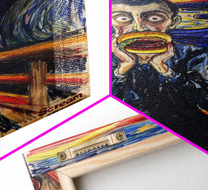 Scream-Inspired Art of a Man Eating a Hamburger, Blending Horror and Humor for a Unique Halloween Wall Art Addition