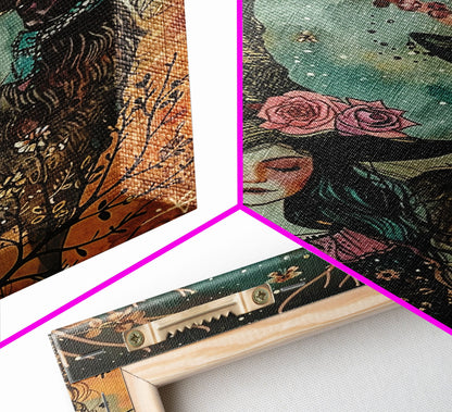 Elegant Witch with Tortoise - Halloween Art, Gothic Art, Spooky Decor, Dark Nature Art, Haunting Portrait, Framed Canvas Print