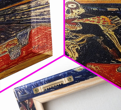 Spooky Skeleton Dude Eatin' a Pizza, Starry Night Inspired Funny Halloween Art, Framed Canvas Print