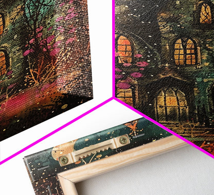 Enchanted Gothic House Framed Canvas Print, Halloween Wall Art, Spooky Art, Home Decor, Living Room Decor, Gothic Artwork, Haunted House