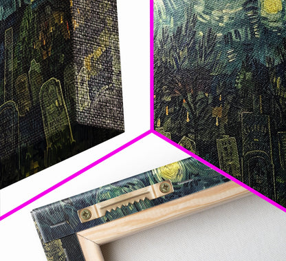 Starry Night Inspired Haunted Cemetery, Framed Canvas Print, Spooky Season Gift Idea, Halloween Decor, Halloween Prop