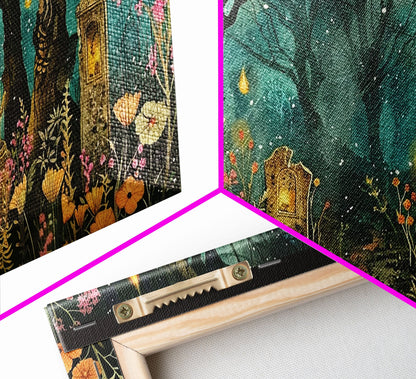 Haunted Cemetery In The Forest Framed Canvas Print, Halloween Decor, Halloween Prop Wall Art