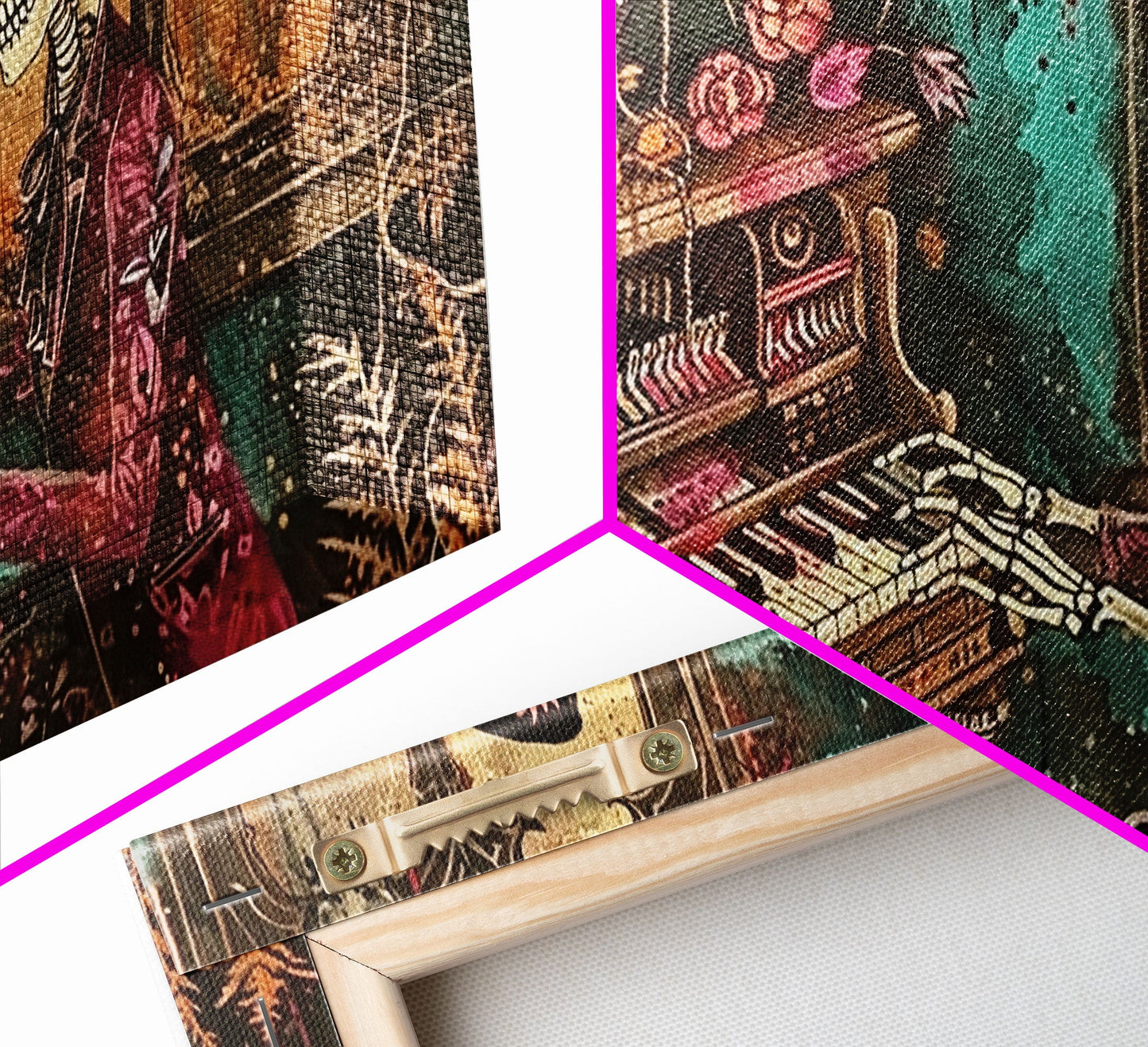 Skeleton Playing The Piano, Framed Canvas Print, Halloween Decor, Spooky Month Home Decor