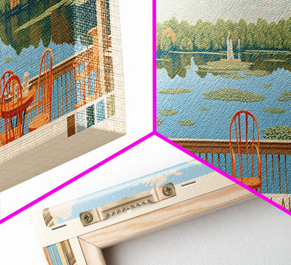 Cagles Mill Lake Indiana Framed Canvas Print, Midcentury Modern Panoramic Wall Art, Living Room Decor, Pop Art, Travel Poster Art, Scenic Nature Painting