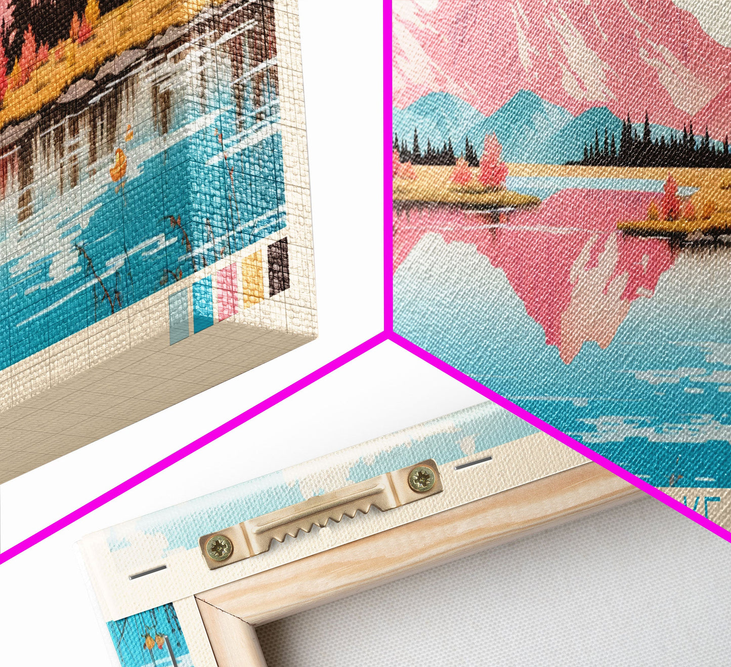 Calling Lake Alberta Framed Canvas Print, Midcentury Modern Panoramic Wall Art, Living Room Decor, Pop Art, Travel Poster Art, Scenic Nature Painting