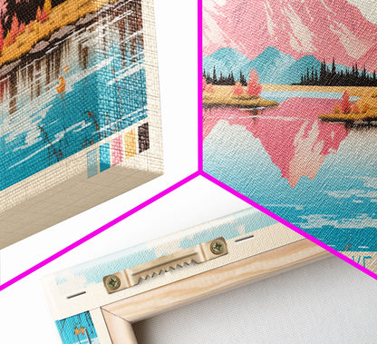 Calling Lake Alberta Framed Canvas Print, Midcentury Modern Panoramic Wall Art, Living Room Decor, Pop Art, Travel Poster Art, Scenic Nature Painting