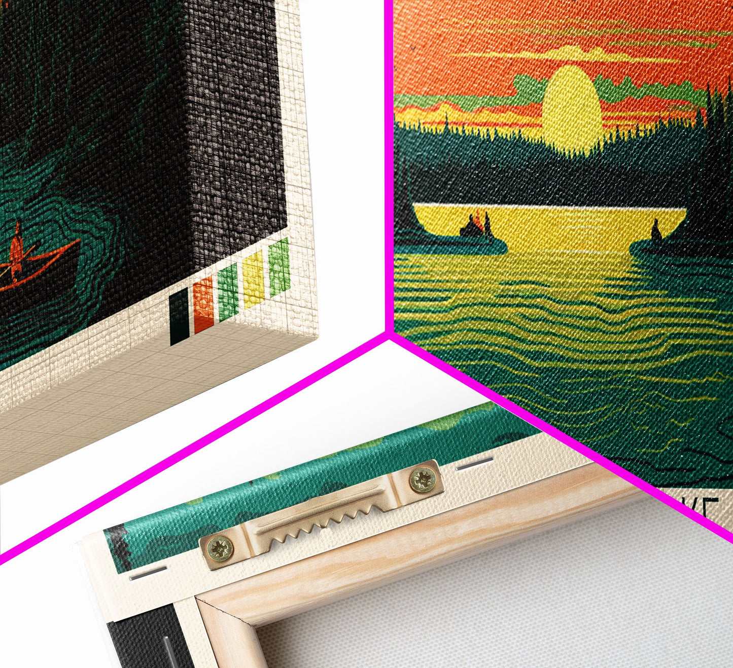 Candle Lake Saskatchewan Framed Canvas Print, Midcentury Modern Panoramic Wall Art, Living Room Decor, Pop Art, Travel Poster Art, Scenic Nature Painting