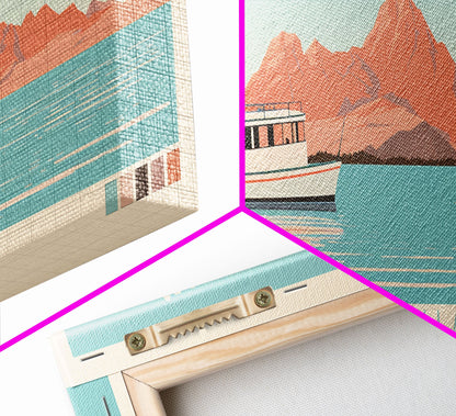 Canyon Ferry Lake Montana Framed Canvas Print, Pop Art Panoramic Travel Poster, Bedroom Decor, Midcentury Modern, Wall Art, Scenic Lake House, Nature Art