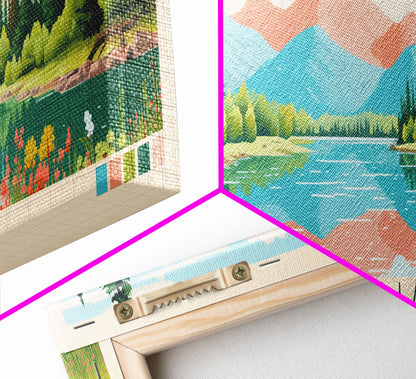 Emma Matilda Lake Wyoming Framed Canvas Print, Panoramic Wall Art, Midcentury Modern, Pop Art, Bedroom Decor, Travel Poster, Nature Painting