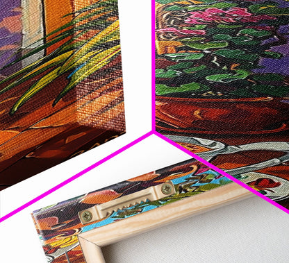 Rustic Garden Oil Painting Framed and Printed on Canvas, Tall Narrow Triptych Art Print, Coastal Art, Coffee Art, Contemporary Art Print