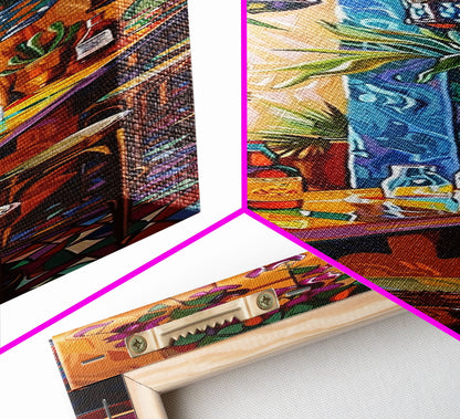 Spanish Inspired Bar Art Canvas Painting Framed, Still Life Art for Kitchen, Abstract Oil Painting, Vertical Framed Wall Art for Kitchen